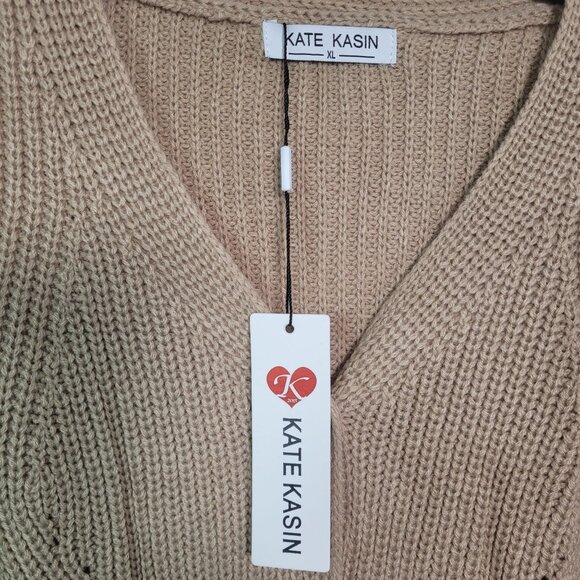 Kate Kasin Women's Long Sleeves Beige Knit Button-Up Pullover Cardigan X-Large - Picture 5 of 9